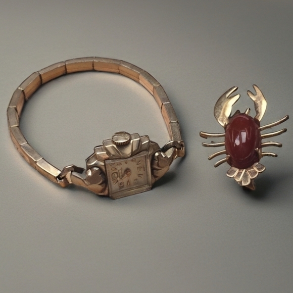 unbranded Jewelry - 17.5g Vtg 12k Gold Filled Benrus  Watch And  Lobster Pin With Carnelian Torso